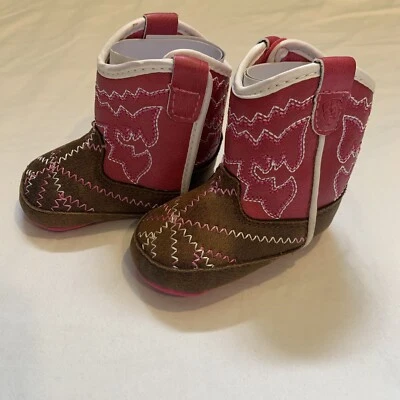 Ariat Lil Stompers Infant Girls Size 1 Pink Western Cowboy Booties Hook Loop - Image 1 of 4