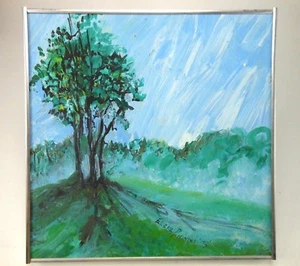 1973 Oil Painting On Canvas Stylized Landscape Cool Colors Elena Piccinini - Picture 1 of 8