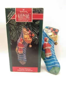 1992 Stocked with Joy Hallmark Keepsake Ornament Pressed Tin Dated Linda Sickman - Picture 1 of 12