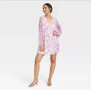 A New Day Women's Long Ballon Sleeves Casual Mini Dress, Cream/Purple Floral, XS - Picture 1 of 9