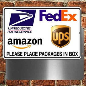 Place Packages In Box Sign METAL 3 sizes delivery usps fedex ups amazon MS026 - Picture 1 of 7