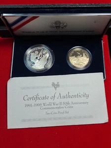 1991-1995 World War II 50th WWII Proof 2-Coin Silver Dollar Clad Half Set w/COA - Picture 1 of 2