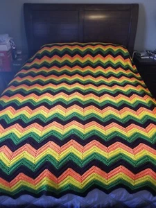 Handmade 83x67 Crochet Chevron Throw Blanket Afghan Fall Orange Yellow Green VTG - Picture 1 of 5