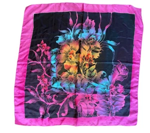 Bufanda cuadrada de seda floral de colección efecto acuarela vibrante borde rosa firmada - Imagen 1 de 4