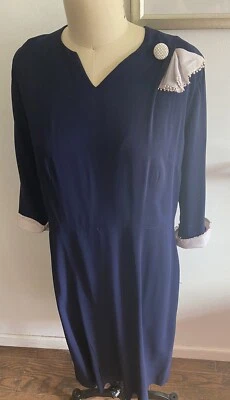 Vestido Vintage Herbert Levy Azul Marino Estrás Botones Borde Etiqueta Unión Talla 10/12 Foto 1 de 4