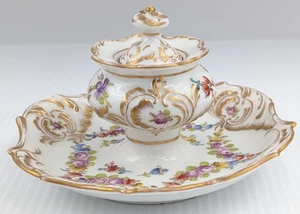 Hand Painted Porcelain Inkwell Floral Gilded With Lid Dresden (?) - Picture 1 of 12