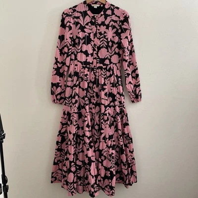 Boden Floral Tiered Maxi Dress Cotton Black Pink Button Front Modest Size 4R - Image 1 of 4