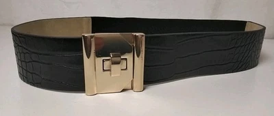 Chicos Sz Medium Black Croc-Embossed Elastic Stretch Belt Gold Lock Hardware  - Image 1 of 4