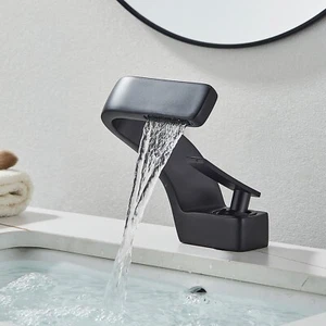 Waterfall Bathroom faucet 1 Hole Black Vanity Basin Sink Mixer Tap Single Handle - Picture 1 of 8