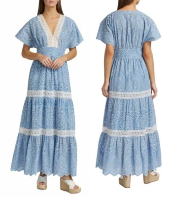 Maxi Vestido Elie Tahari Algodón Ojales Niveles Cottagecore en Azul Loto Talla 8 $495 Foto 1 de 4