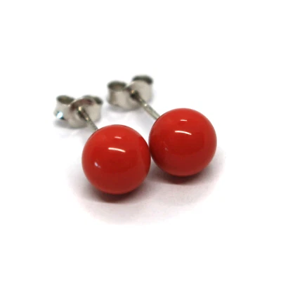 18K WHITE GOLD 8mm SPHERES INTENSE RED RECONSTRUCTED CORAL BUTTON EARRINGS - Image 1 of 4