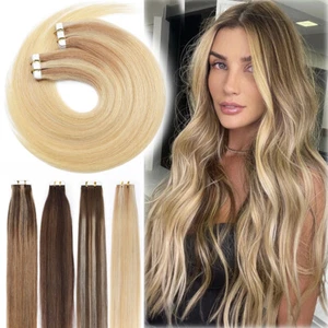Thick-Glue Russian 100% Tape In Remy Human Hair Extensions Skin Weft Full Head F - Picture 1 of 73