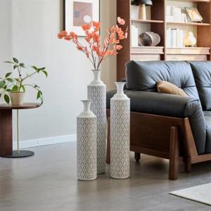Floor Metal Vases Decorated White Metal Vases Set of 3 Gorgeous Home Decoration - Picture 1 of 12