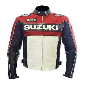 RED SUZUKI Mens Motorcycle Motorbike Jacket Cowhide Leather Coat with Armours - Picture 1 of 5
