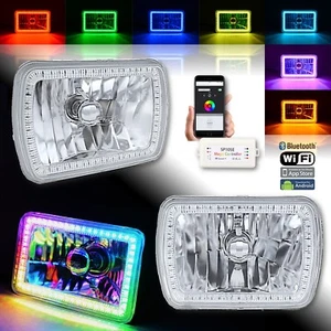 7x6" Bluetooth RGB SMD LED Color Chasing Halo Shift Angel H4 Bulb Headlight Pair - Picture 1 of 12