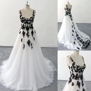 Sleeveless Wedding Dresses A Line Black Lace Beach Spaghetti Straps Bridal Gowns - Picture 1 of 14