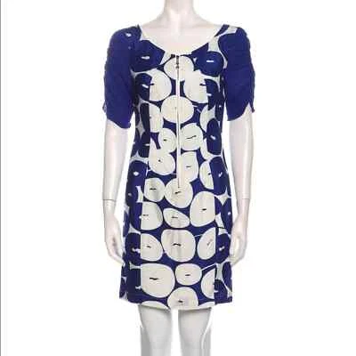 Nuevo Mini Vestido MAXMARA Geométrico Seda Y2k Manga Poof Blanco Cobalto Foto 1 de 4