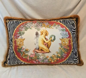 Vintage 1990’s GIANNI VERSACE ATELIER Oblong Silk Pillow, ANGEL ZEBRA WREATH 26” - Picture 1 of 12