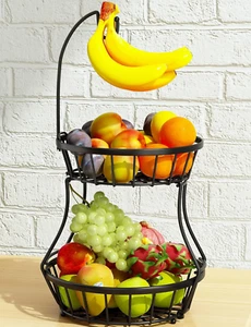 2-Tier Fruit Basket Bowl Stackable Vegetable Storage with Banana Tree Hanger Sta - Picture 1 of 12