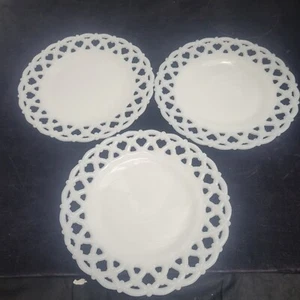 Westmoreland Milk Glass Lace  Edge 8 1/4" Set of 3 Plates Forget Me Not Flowers - Picture 1 of 8