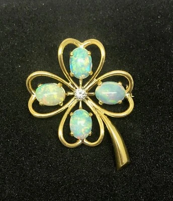 Broche prendedor trébol de cuatro hojas ópalo/diamante oro 14k Y 2,50 tcw con evaluación de tarjetas Foto 1 de 4