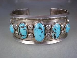 FABULOUS OLD NAVAJO STERLING SILVER & 5 BLUE DIAMOND TURQUOISE ROW BRACELET - Picture 1 of 9