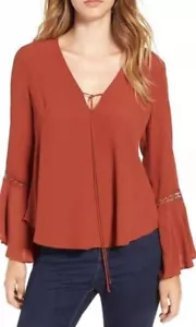 ASTR The Label Bell Sleeve Shirt Small Tie Front Top Crochet Eyelets Rust Orange - Picture 1 of 9