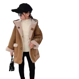 Winter Child Girls Outfits Wool Lamb Fur Reversible Hooded Mid Long Outwear Coat - Picture 1 of 15