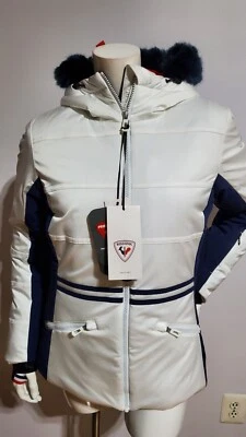 NUEVA CHAQUETA DE ESQUÍ ROSSIGNOL PARA MUJER ROC IMITACIÓN PIEL RIBETE CON CAPUCHA BLANCA/AZUL MARINO TALLA M Foto 1 de 4
