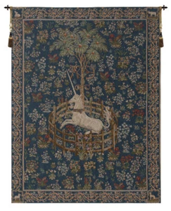 Tapiz francés azul cautivo Licorne - Unicornio medieval tejido arte de pared decoración nuevo - Imagen 1 de 6