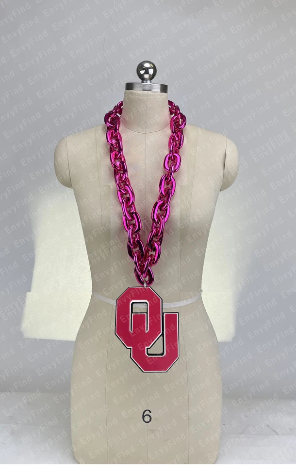 New OKLAHOMA SOONERS  Jumbo H Pink Big Fan Chain Necklace Foam USA COL - Image 1 of 4