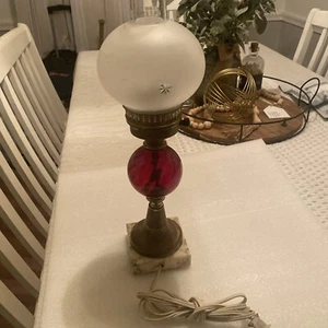 Vtg Table Lamp - Marble Base - Cranberry Glass - Brass - Etched Globe - 16” - Picture 1 of 10