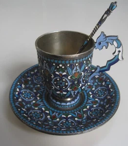 Taza de té rusa esmalte plata, platillo y cuchara siglo XIX - Imagen 1 de 9