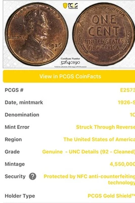 1926 S Lincoln Cent Mint Error Genuine PCGS ONE OF A KIND FIND - Image 1 of 4