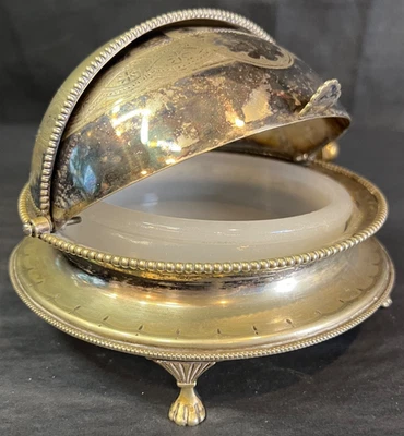 Vintage Silver-Plated Domed Roll-Top Butter Caviar Dish Marked Victorian Ornate - Image 1 of 4