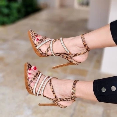 Женские леопардовый принт со стразами с ремешками каблуках (размер 6) - Изображение 1 из 4