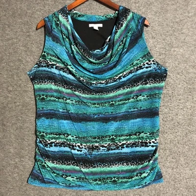 Camisa Dana Buchman Mujer XL Azul Verde Capucha Cuello Sin Mangas Y2K Abstracto Top Foto 1 de 4