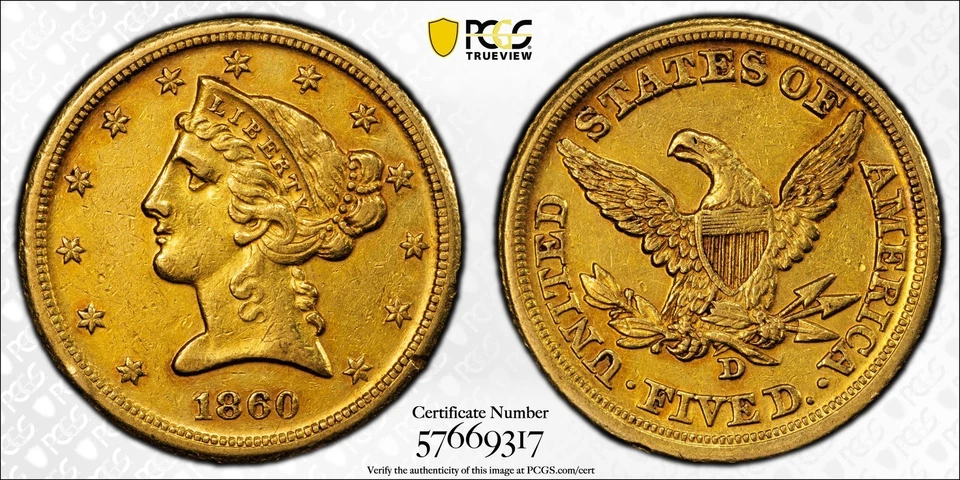 1860 D Gold Half Eagles Liberty Head PCGS AU-55 CAC Medium D - Image 1 of 1