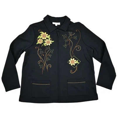 Vintage black sunflower embroidered zip up sweatshirt size large petite cottage  - Image 1 of 4