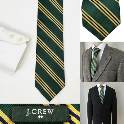 Corbata de seda a rayas J.Crew Repp para hombre 3 1/8x 59 verde amarillo dorado azul marino clásica preppy Foto 1 de 4