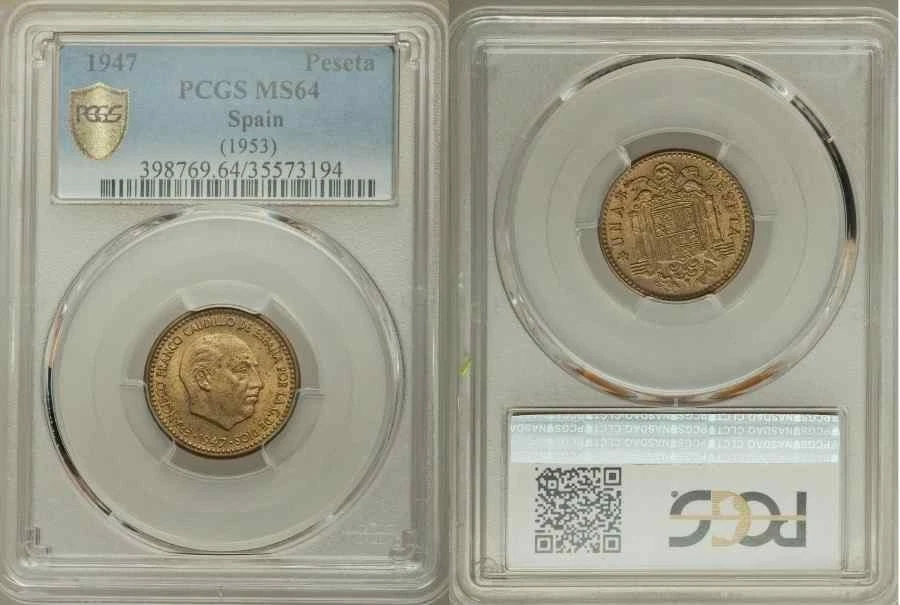 1947 Spain Aluminum-Bronze Coin 1 Peseta Francisco Franco Facing Right PCGS MS64 - Image 1 of 3