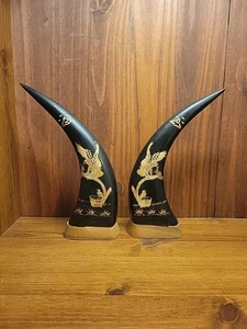Antique Carved Water Buffalo Horn  With Eagle On Branch Detail - Picture 1 of 7