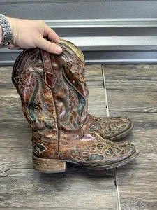Corral Women's Honey & Teal Overlay Square Toe Western Boots A1040 Sz 9.5 - Picture 1 of 10