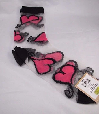 Womens Red Hearts SHEER Fashion Crew Socks size 9-11 Black Trim  - Image 1 of 2