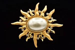 Spilla spilla sole JJ vintage cristallo perla grossa oro spazzolato firmata anni 80 BinAH - Foto 1 di 12