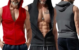 Mens Gym Sleeveless Hoodie Fitness Sports Muscle Vest With Zipe T-Shirt Tank ๐ธ - Picture 1 of 38
