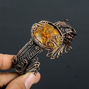 Baltic Amber Gemstone Handmade Copper Wire Jewelry Adjustable Bracelet Cuff