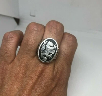 Vintage Lion Ring Leo Black Enamel White Bronze Size 7.75 - Image 1 of 3
