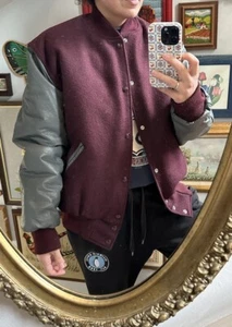 Mens Vintage Holloway L Jacket Varsity Letterman Leather Wool Jacket Maroon Grey - Picture 1 of 10