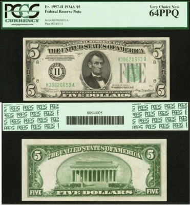 1934A $5 Federal Reserve Note PCGS 64PPQ - St Louis - Fr 1957-H - Image 1 of 3